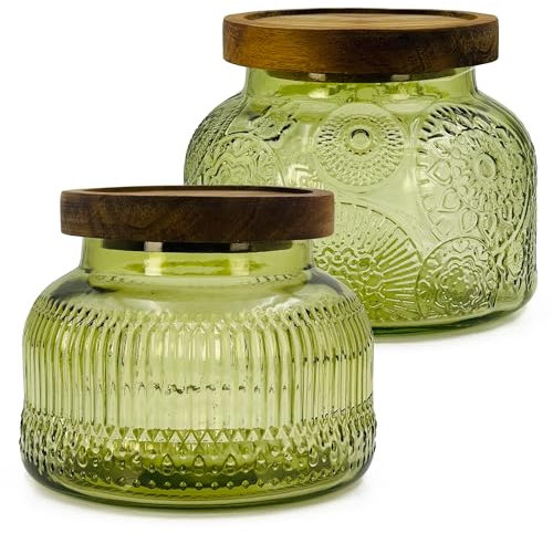 Decorative Green Glass Jar with Airtight Wooden Lid 25.4 oz 2 pc, Wide Mouth Vintage Kitchen Food Storage Containers for Cookie Candy Honey Flour Spice Coffee Tea, Home Decor Sand Candle Holder Vase