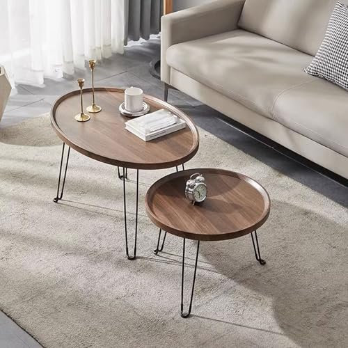 Beistelltisch Klappbar Couchtisch Holz Wohnzimmertisch: Satztisch 2er Set beistelltische Oval Groß: 55x80x48cm Couchtisch Rund Kleine: 50x50x38 cm für Wohnzimmer Schlafzimmer (Nussbaum, 2er Set)