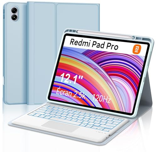 FOGARI Xiaomi Redmi Pad Pro 12.1 Custodia per tastiera – Xiaomi Pad Poco 12.1 pollici 2024, Multi Touch Trackpad, 7 colori illuminazione magnetica tastiera rimovibile con layout QWERTZ, azzurro
