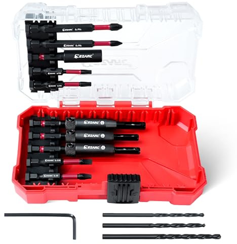 EZARC 14PCS Self Centering Drill Bit Set, Hinge Drill Bit Set with Replacement Bits, Screwdriver Bits & Bit Holder - 1/4 Hex Shank for Cabinet Hinges & Woodworking with Storage Box