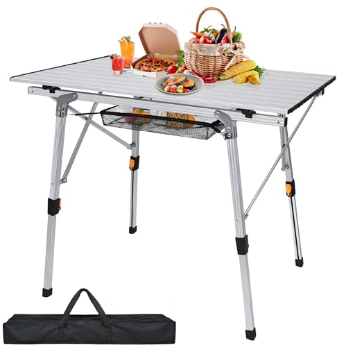 QEENTOE Alu Campingtisch Faltbar Höhenverstellbar Klapptisch 90 x 52 cm Falttisch mit Netzbeutel und Tragetaschen Tisch für CampingAngeln Garten Balkon bis 30 kg -Silber