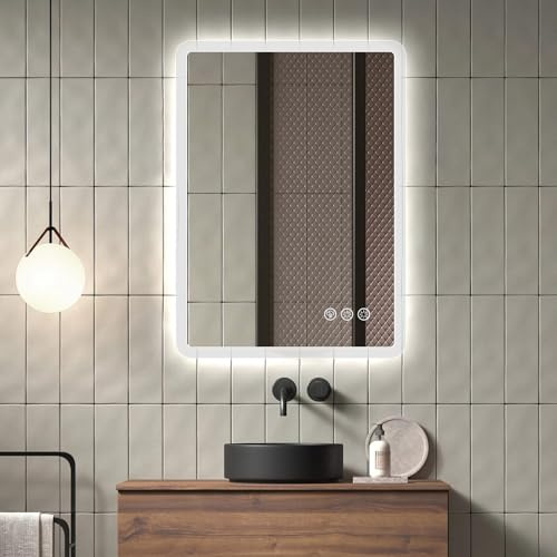 Ratsamee LED Bathroom Mirror with Lights -500x700mm Anti-Fog Illuminated Frontlit Bathroom Mirror, Wall Mounted Vanity Mirror with 3 Colour Dimmable for Makeup, Tempered Glass, Horizontal/Vertical