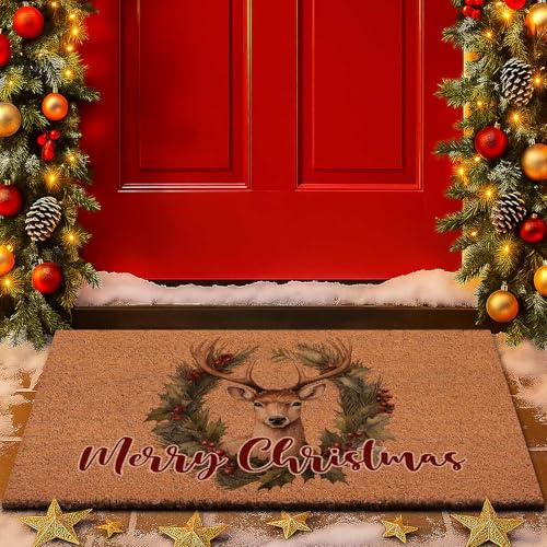 Lanpn 42x75cm Felpudo de Navidad Coco, Reno Antideslizante de Goma Exterior Entrada Casa Natural Coco Felpudo Delante Puerta Decoraciones para Decoración rústica para Navidad Invernal (Marrón)