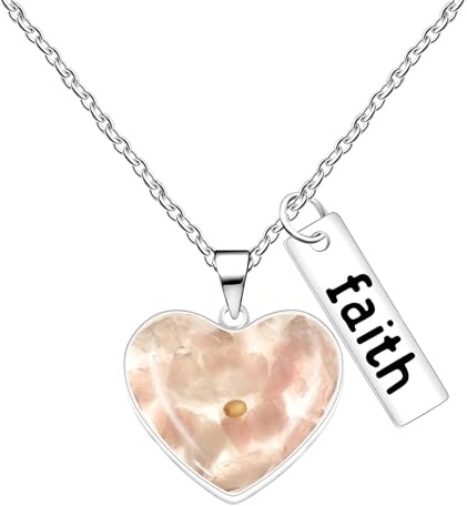 JunyiDIY Collana FAITH con Seme di Senape Rosa per Donna, Ciondolo Cuore Quarzo Rosa, Gioiello Cristiano, Regalo per Mamma, Moglie, Comunione, Preghiera