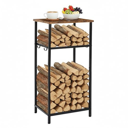 Firewood Rack Indoor 32.3 Inch 2-tier Firewood Holder Indoor Outdoor Coffee Table with 4 Hook Adjustable Feet Pads Functional Vertical Wood Storage Log Rack for Fireplace Deck Outdoor Stove Accessory