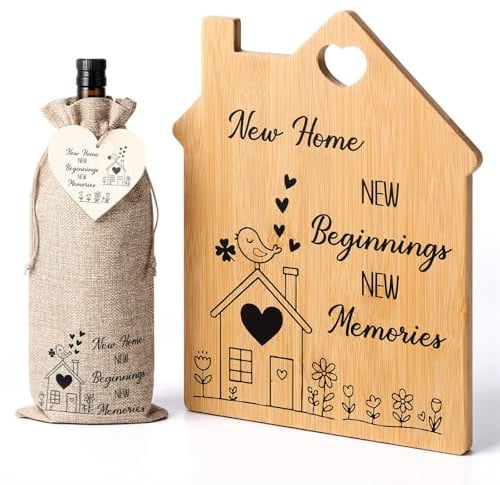 Sinmoe New Home Gifts, House Warming Gifts New Home, Cutting Board Wine Bottle Bag Wooden Heart Plaque Housewarming Present for Couples Family Friends Neighbor Moving House, Ideal Kitchen Present