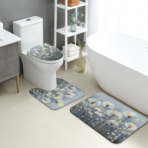 Pusteblume-Badezimmermatten-Set, 3-teilig, elegante Blumenpflanzen, saugfähig, rutschfest, WC-Vorleger, U-förmig, waschbar, schnell trocknend, Flanell-Badezimmerteppich-Set