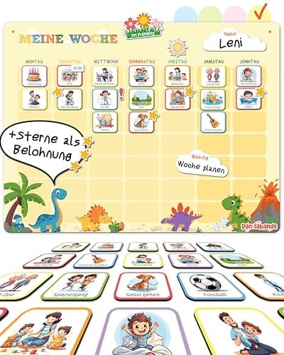 PANDABANDE Wochenplaner Kinder mit 210 Magneten | Montessori Kinderkalender für mehr Struktur im Alltag - Magnetischer Wochenplan mit Belohnungssystem