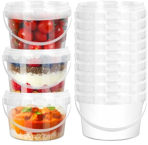 Niuny Kunststoffbehälter mit Deckel 12Stk Aufbewahrungsdosen mit Deckel Rund 500ml Deli Container Auslaufsicher Plastikeimer mit Henkel Wiederverwendbarer Plastikbecher für Soßen Dips Essen Suppen