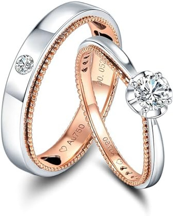 Tolldek Antragsring Au 750 Gold Echt Schmuck, Partnerringe mit Labor Erstellt Diamant Rundschliff Klassiker Form, Hochzeitsring 18K Weißgold/Rose gold, Herren Gr.62 (19.7)