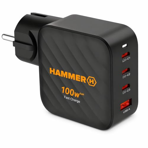 Chargeur Hammer RapidCharge 100 W USB-C, Chargeur Rapide Puissant à 3 Ports, Adaptateur Secteur USB-C PD/PPS pour Ordinateurs Portables, tablettes et téléphones Portables, Compact Haute
