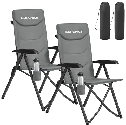 SONGMICS Campingstuhl faltbar, 2er Set, 95°-150° verstellbare Rückenlehne, Klappstuhl, drehbarer Getränkehalter, Tragetasche, Schultergurt, für Garten, Camping, Angeln, grau GCB015GZ01-2J