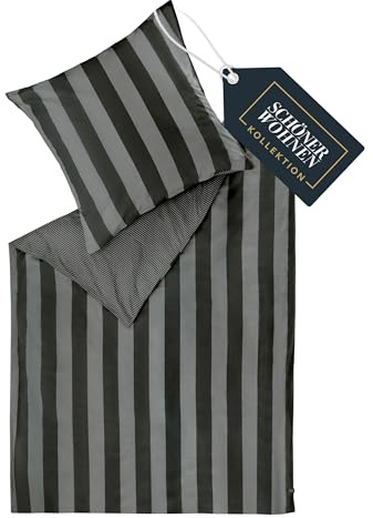 SCHÖNER WOHNEN Panel Bettwäsche 135x200 Baumwolle Anthrazit - Frühlingsbettwäsche Streifen Design - ÖKO-TEX Bettwäsche-Sets 2teilig aus 1x Bettwäschebezug 135x200cm & 1x Kopfkissenbezug 80x80cm