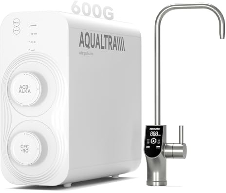 AQUALTRA USF-AR-600 Système d'osmose inverse sous évier, osmoseur alcalin 10 étages sans réservoir, certifié NSF/ANSI/CAN 372, 600 GPD, rapport pur/eaux usées 3:1, robinet LED intelligent