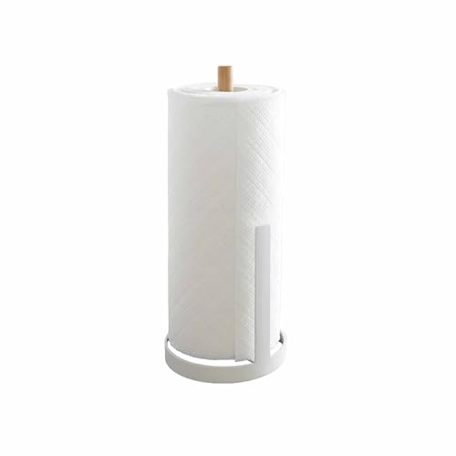 Yamazaki 7819 Tosca Paper Towel Holder Round, White, Steel/Wood, 11 x 11 x 26.5 cm