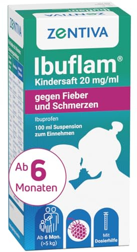 Ibuflam Kindersaft 20 mg/ml gegen Fieber und Schmerzen - 100ml - Himbeer-Geschmack & zuckerfrei - für Kinder und Erwachsene ab 6 Monaten