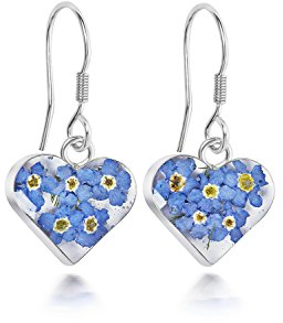 Natural Flower Jewellery Orecchini a goccia in argento sterling, realizzati con vere viole del pensiero, a forma di cuore