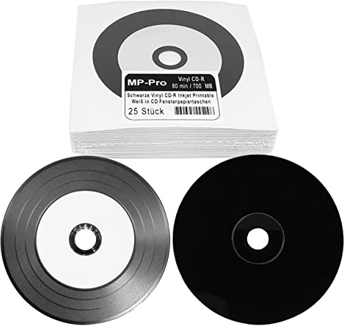 Schwarze Vinyl CD Rohlinge Bedruckbar Weiß CD-R 80min/700MB mit Vinyl-Optik Schallplatten Retro-Look und Inkjet Printable Bereich - 25 Stück in CD Papierhüllen