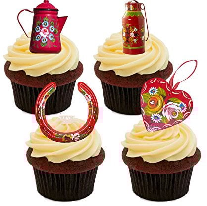 Made4You Canal Ware/Roses and Castles (Red Mix) Edible Cupcake Toppers - Stand-up Wafer Cake Decorations (Pack of 12)