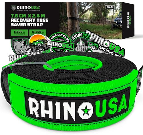 Rhino USA Cuerda de Remolque y Recuperación - Correa para Remolcar Desde Árbol 7.6 cm x 2.4 m - con Resistencia a Rotura de 13,600 kg - Extremos en Bucle Triple Refuerzo - Negro