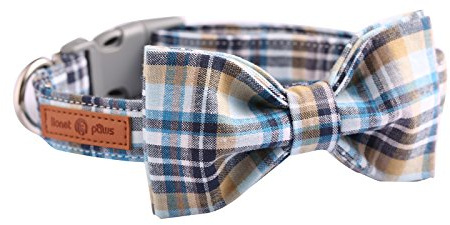 Lionet Paws Cat and Dog Collar with Bowtie,LightBlue Plaid Cotton Collar with Plastic Buckle,Adjustable Collars for X-Large Dogs,Neck 16-26in