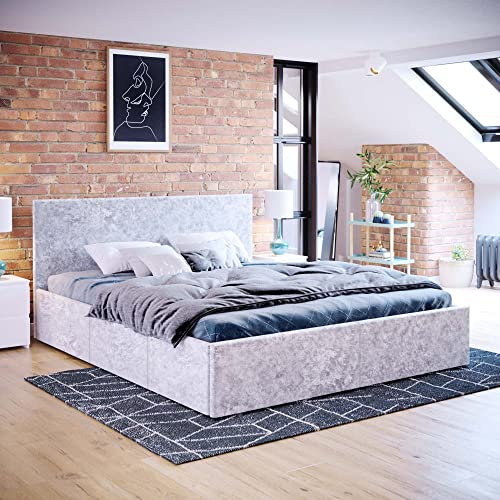 Vida Designs Veronica King Size Ottoman Bed, 5 Ft Bed Frame Storage Lift Upholstered Fabric Headboard Bedroom Furniture, Silver Velvet (UKFR Certified)
