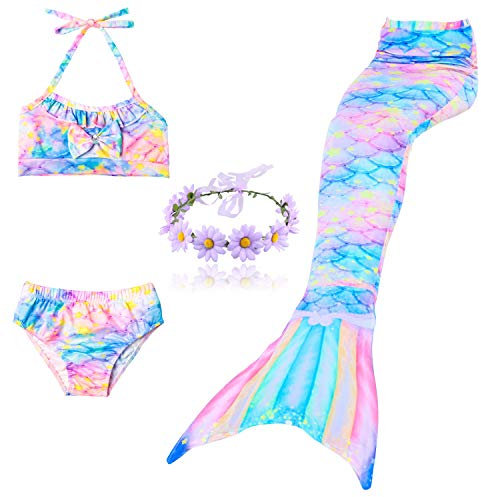 DAXIANG 3 Pièces Maillot de Bain Princesse Queue de Sirène Mermaid Bikini Déguisement pour Enfant Fille (6-7 Ans, Arc en Ciel)