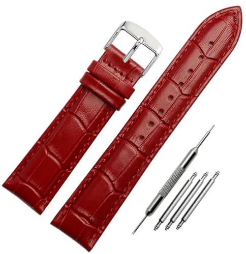 FOUUA Uhrenarmbänder Band Echtes Leder Armband Alligator Geprägte Ersatzarmbänder Armband,Rot-silber,14mm