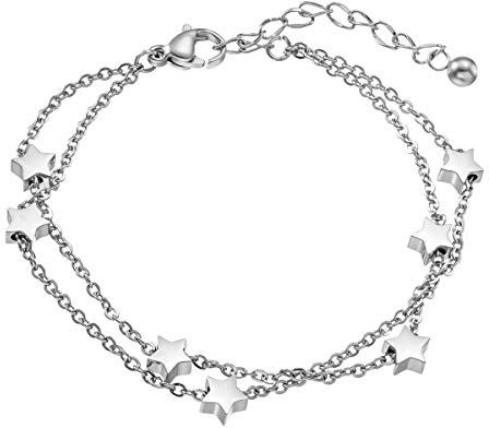 Rosegold Sternen Damen Armband mit Anhängern - Doppelt Kette Armkette für Frauen Mädchen - Freundschaftsarmband (Silber)