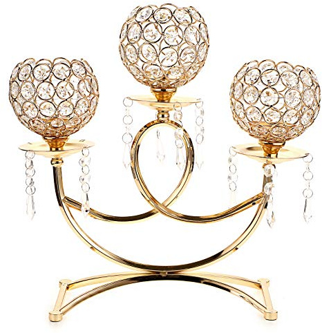 OwnMy 3 Arme Kristall Kerzenhalter Schalen Teelicht Kandelaber Kerzenständer Ornamente für Hochzeit Esstisch Weihnachten Party Home Dekoration Tafelaufsatz (Golden)