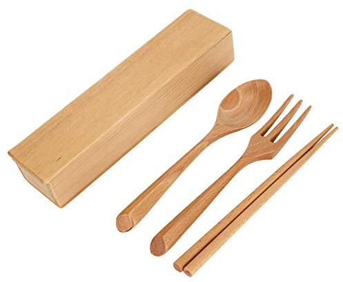Set di posate in legno, set portatile di bacchette cucchiaio forchetta in legno con custodia, set di stoviglie da viaggio riutilizzabili per bambini e adulti
