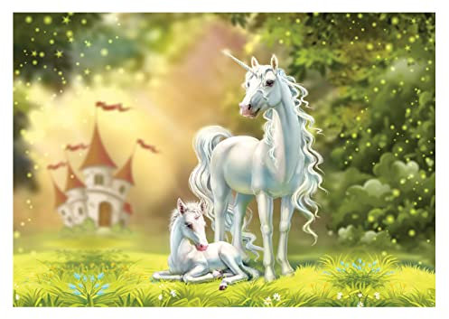 Fototapete Einhorn Schloss Zauberwald Kinderzimmer Mädchen Vlies Tapete Latexdruck UV-Beständig Geruchsfrei Hohe Auflösung Montagefertig (13862, VEXXXL (416x254 cm) 4 Bahnen)