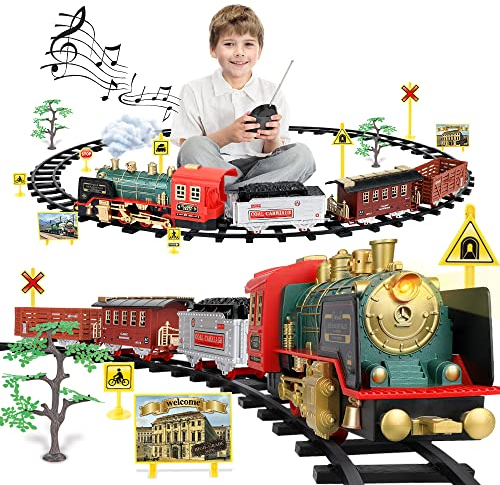 Mini Tudou Remote Control Steam Train Sets Age 3+ with Light,Sounds,Christmas Electric Train Toys with Steam Locomotive Engine,Cargo Cars and Tracks,Toy Train with Rechargeable Battery for Kids Boys Girls