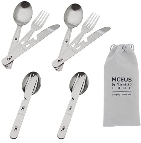 4-in-1 Camping Utensils Hiking Cutlery Set for 4, Portable Stainless Steel Flatware Spoon Fork, Knife & Bottle Opener Combo pack for Picnic Travel, Barbecue, Backpack Outdoor Gear with Carrying Bag