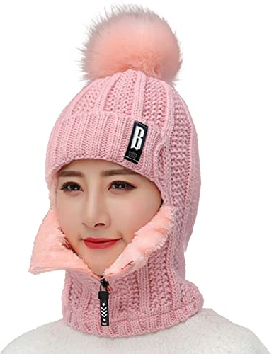 WANYIG 2 in 1 Winter Strickmütze Schal Mütze Set Wintermütze Beanie Damen Warme Loop Strickschal Winddichte Cap mit Fleecefutter 55-60CM (Rosa)