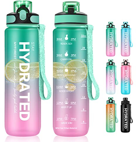MYFOREST 1L Tritan Trinkflasche, großer Auslauf für großer Schluck/abnehmbarer für klein Trinken, Kratzfester Zeitmarker für motivierende Flüssigkeitszufuhr, sturzfest/BPA-frei