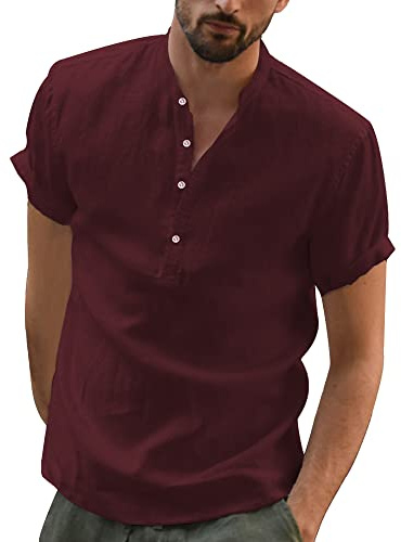 YAOBAOLE Men's Summer Linen Cotton Henley Shirt Casual Short Sleeve Button Up Beach Shirts