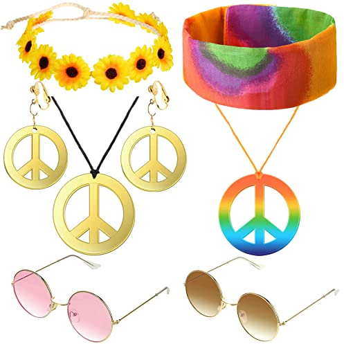 Hippie Kostüm Set, 8 Stück Retro Verkleiden Sich für Damen und Herren,mit Peace Zeichen Halskette Halskette und Ohrringe,Sonnenbrille,Sonnenblumen und Buntes Hippie Stirnband,60er 70er Kostüm Zubehör