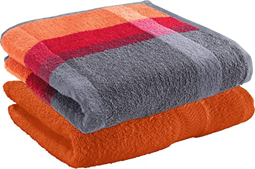 Erwin Müller Duschtuch-Set Streifen 2er-Pack Walk-Frottier orange/anthrazit/grau Größe 70x140 cm