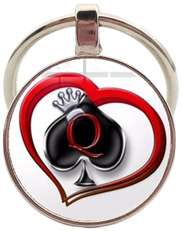 Secret Tag Poker-Schlüsselanhänger, Pik Q Queen, Herz, bedrucktes Glas, konvex, 3D-Effekt, Anhänger, Schmuck, Großhandel, braun, 25