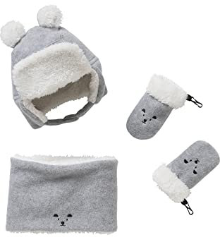 Vertbaudet Baby Strick-Set: Mütze, Rundschal & Fäustlinge, Bär hellgrau 62/68