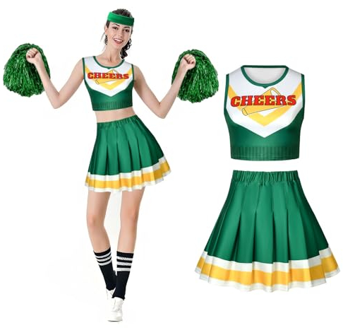 Aomig Cheerleader Kostüm Damen, Fancy Dress Uniform mit Pompons und Stirnband, High School Cheerleader Kostüm für Halloween Party Verkleidung Karneval