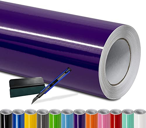 Folindo Autofolie Lila Glanz (10€/m²) - 300 x 152 cm - Selbstklebende Auto Lackschutzfolie mit Luftkanal Technik – Blasenfreie Auto Folierung inkl. Rakel & Cutter – Car Wrapping Folie