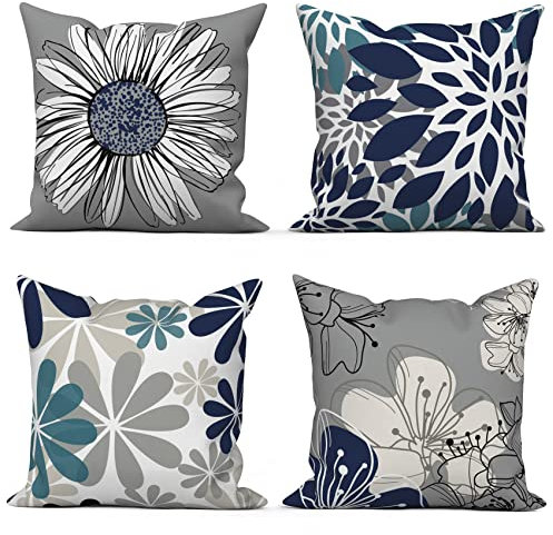 ASDCXZ Blau Kissenbezug 50x50 cm 4er Set, Nordeuropa Modern Blumen Blau Grau Sofa Dekokissen Kissenbezüge Kissenhülle Waschbar Polyester Leinen Textil Polster Kopfkissenbezug Kissen Bezug
