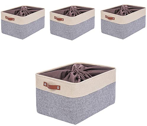 Mangata Faltbare Aufbewahrungskörbe mit Deckel,[4 Pack] Grau Canvas-Stoff Aufbewahrungsbox für Spielzeug, Kleidung, Zuhause, Regale (Grau/Beige, XLarge)