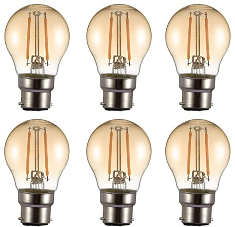 TEKLED® Golf Ball Filament Vintage LED Bulbs | G45 B22 Bayonet Cap | Energy Saving 2W Light Bulb 22W Equivalent | NONDIMMABLE Amber 2400K 220LM | 6-Pack | Warm White