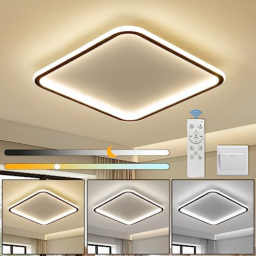 Mikeru 40CM LED Square Ceiling Lighting, 3000K/4500K/6500K Dimmable Ceiling Light Adjustable 3 Color Temperature Black Bathroom Light with Remote for Living Room, Hallway, Stairwells