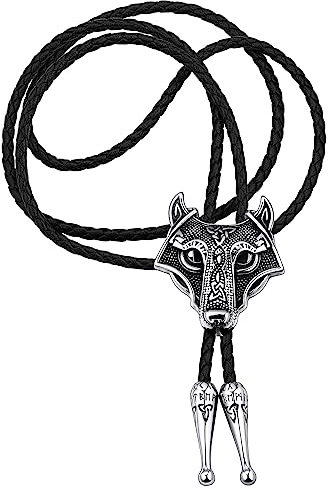 FaithHeart Bolo tie für Herren Männer Western Cowboy Krawatte Leder Bolotie Wikinger Wolfkopf Krawatte mit Rune Cowboy Kostümzubehör für Weihnachten Halloween