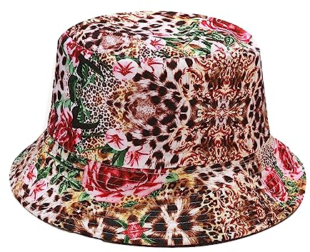 Hearda Fischerhüte für Damen, Sommer Baumwolle Unisex Sonnenhut Wendbares Sommerhut Faltbar Anglerhut für Outdoor, Reisen, Wandern, Camping, Einkaufen (56-58cm,Leoparden-Blume)