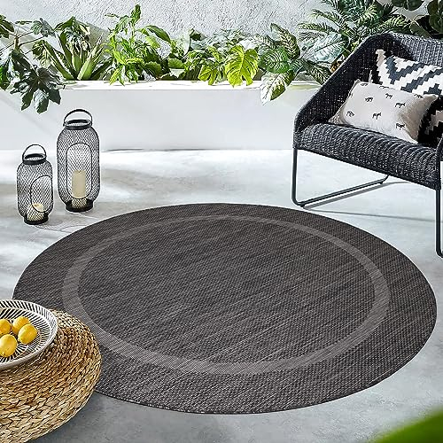Carpettex Outdoor Teppich Wetterfest 120 cm Rund Sisal Optik Schwarz - Ideal für Balkon, Garten, Terrasse und als Küchenteppich - Draußen Teppich Waschbar, Flachgewebe, Wasserfest, Pflegeleicht